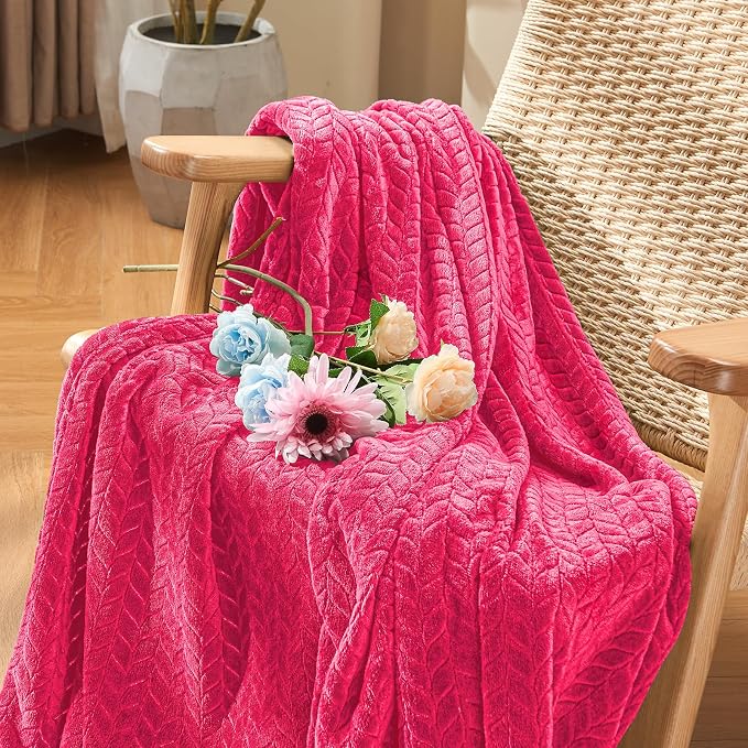 inhand Hot Pink Fleece Twin Blanket, Lightweight Leaves Pattern Fuzzy Blanket for Couch Sofa, All Season Use, 60 x 90 Inches