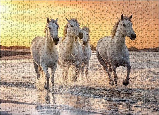 MyPuzzle White Camargue Horses Galloping On A Beach in France - Premium 500 Piece Jigsaw Puzzle for Adults