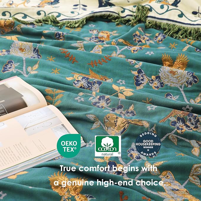 VANJOROY Boho 100% Organic Cotton Muslin Throw Blanket 50" x 60" - All Season Rustic Ultra Soft Breathable Floral Bird Blanket for Bed Sofa Couch Chair Bedspread Quilt Gift-Teal/Beige