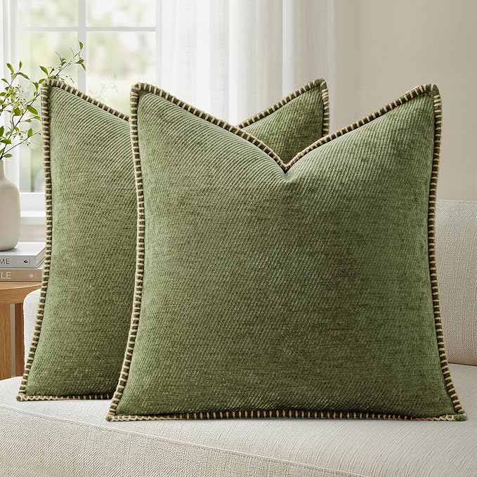 a moment Pack of 2 Decorative Chenille Throw Pillow Covers with Twill Cushion Covers for Sofa Living Room Couch Bed 18x18 Inch,Crafted Border Moss Green