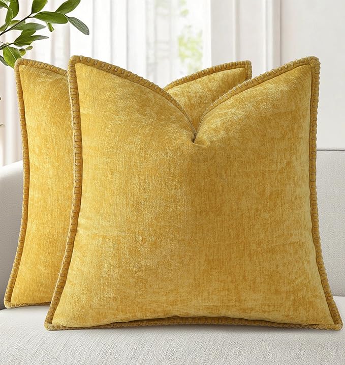 decorUhome Soft Chenille Throw Pillow Covers 18x18 Set of 2 Mineral Yellow | Fall Textured Decorative Throw Pillow Cases Stitched Edge Modern Farmhouse Luxury Boho Velvet for Couch Sofa Bed Home Decor