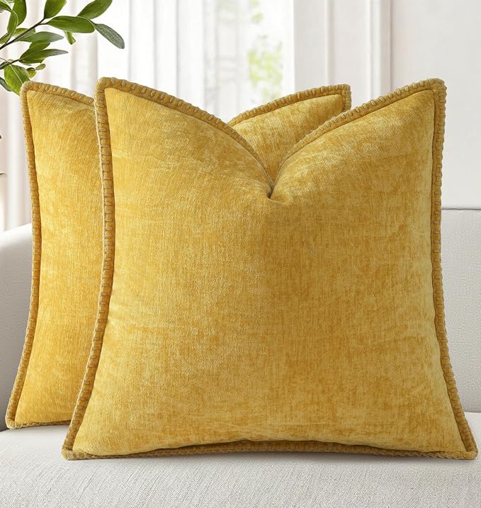 decorUhome Soft Chenille Throw Pillow Covers 24x24 Set of 2 Mineral Yellow | Fall Textured Decorative Throw Pillow Cases Stitched Edge Modern Farmhouse Luxury Boho Velvet for Couch Sofa Bed Home Decor