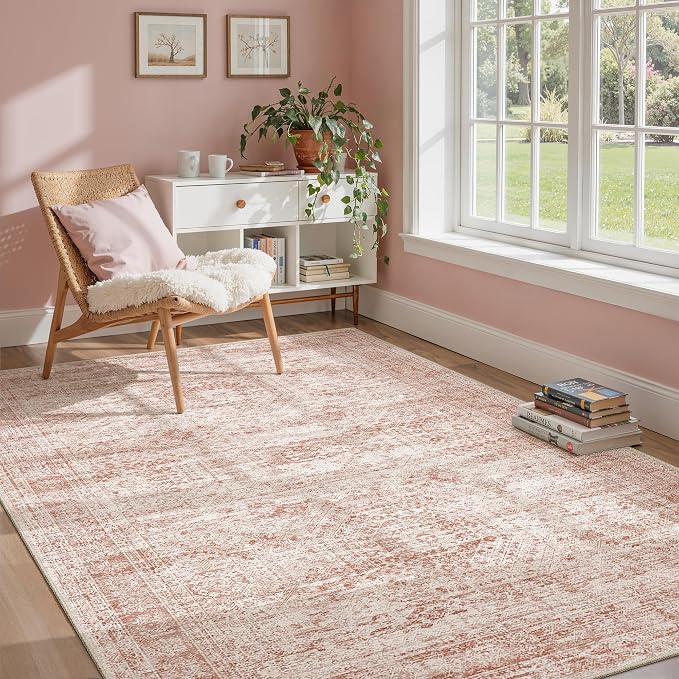 Soalmost 6x9 Area Rug for Living Room Washable Rugs Non-Slip Pink | Low-Pile Vintage Carpet for Dining Bedroom, Foldable Thin Stain Resistant Floor Mat Under Table Home Office Nursery Decor