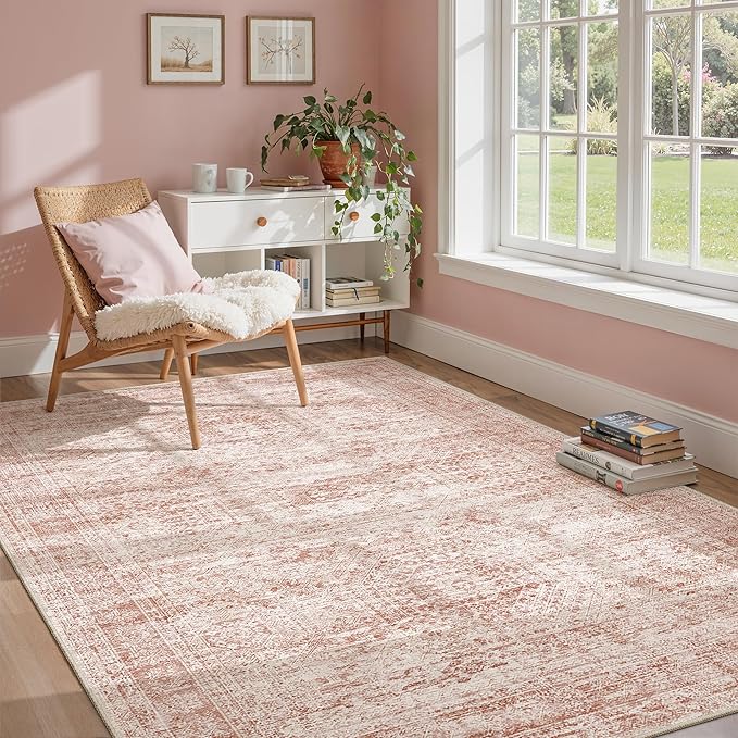 Soalmost 5x7 Area Rugs Pink Low Pile Washable Trendy Faded Style Rug | Vintage Non-Slip Indoor Accent for Bedroom Dining, Foldable Stain Resistant Floor Carpet Mat Under Table Home Office Decor
