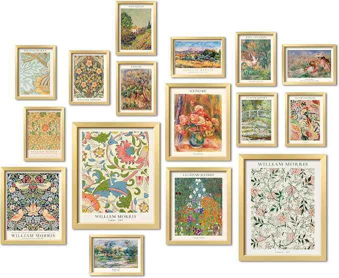 ANERZA 16 PCS Gold Framed Vintage Eclectic Wall Art Decor, William Morris Wall Prints for Bedroom, Gallery Wall Frame Set, Posters for Living Room Aesthetic, Collage Kit, Colorful Dorm Home Artwork
