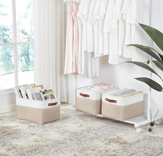 DECOMOMO Storage Bins, Large Fabric Storage Baskets for Shelves 1 Pack | 15 x 11 x 9.5 inches Decorative Linen Closet Organizers (Beige & White)