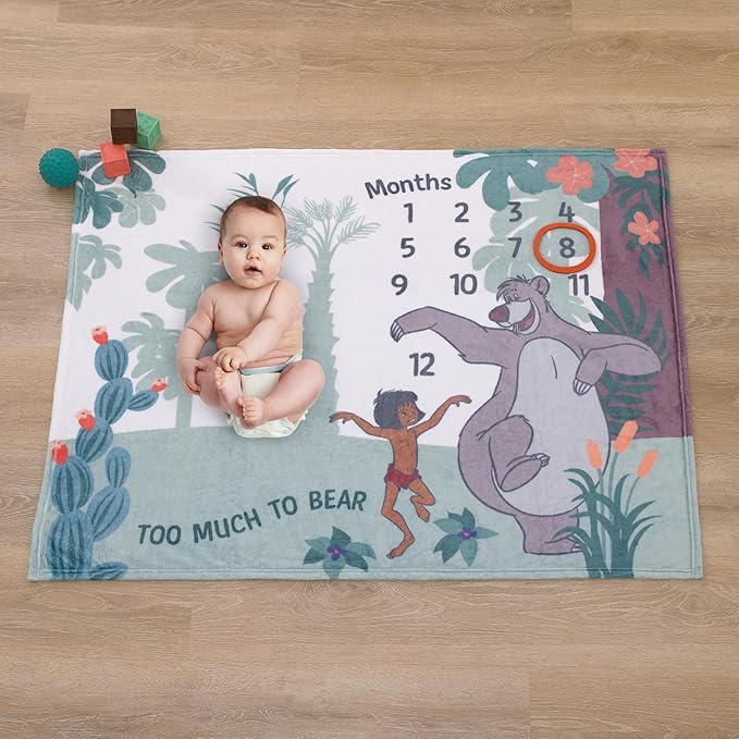 NoJo Disney Jungle Book Green and White Too Much to Bear Super Soft Photo Op Milestone Baby Blanket