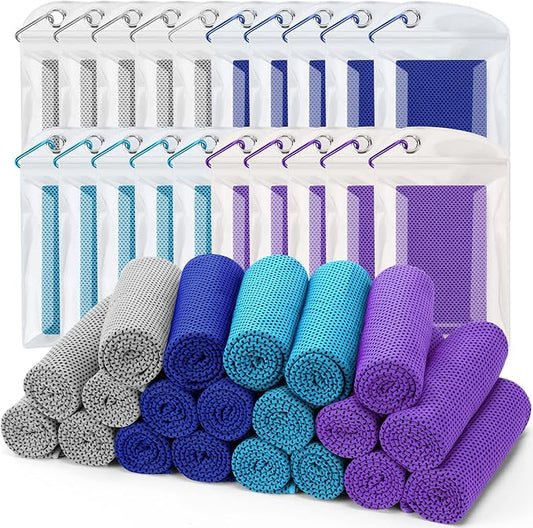 Cooling Towel (Pack of 20, 40"x12") with Pouches for Sports, Workout, Fitness, Gym, Yoga, Golf, Pilates, Travel, Camping & More