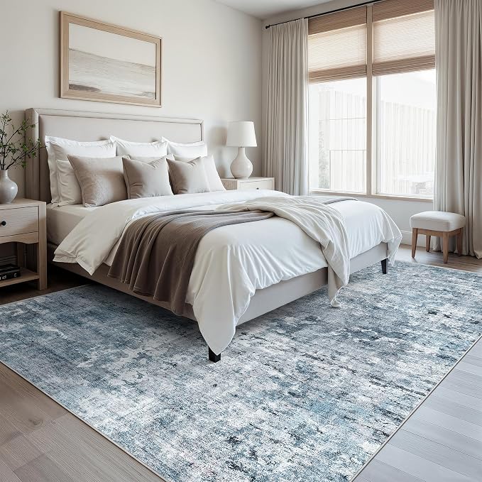 Soalmost Abstract Rug 8x10 Large Living Room Area Rugs Washable Blue/Grey | Modern Non-Slip Carpet for Dining Bedroom, Stain Resistant Foldable Thin Low Pile Floor Mat Under Table Home Office Decor
