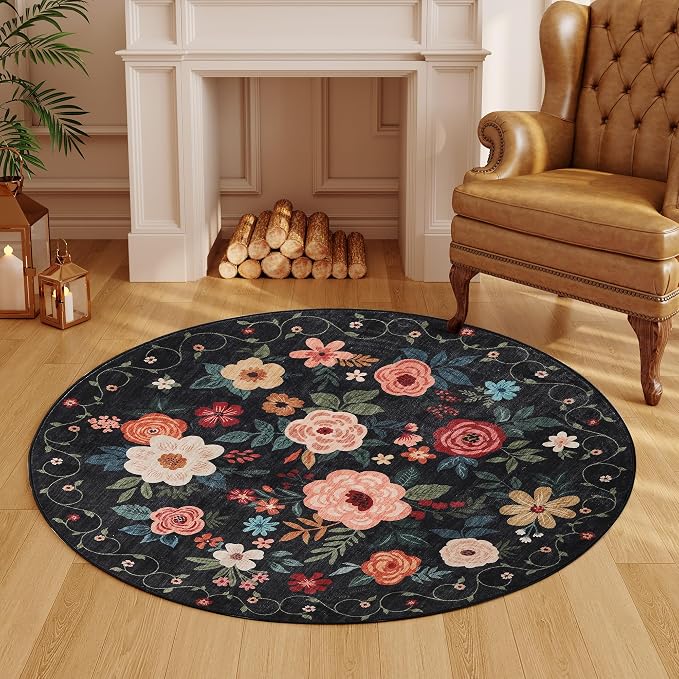 DUKINO 4ft Round Rug, Floral Washable Small Round Area Rug Non Slip, Black | Soft, Low Pile, Stain Resistant Indoor Circle Rug for Bedroom, Kitchen, Kids Room, Living Room, Pet Friendly, Home Decor