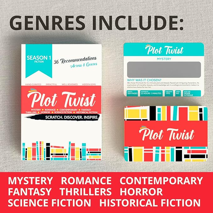 Blue Wasatch Games Plot Twist Season 1: 36 Book Recommendation Scratch Off Cards Across 8 Unique Fictional Genres. Gift for Couples, Book Clubs, Readers, Story Lovers.