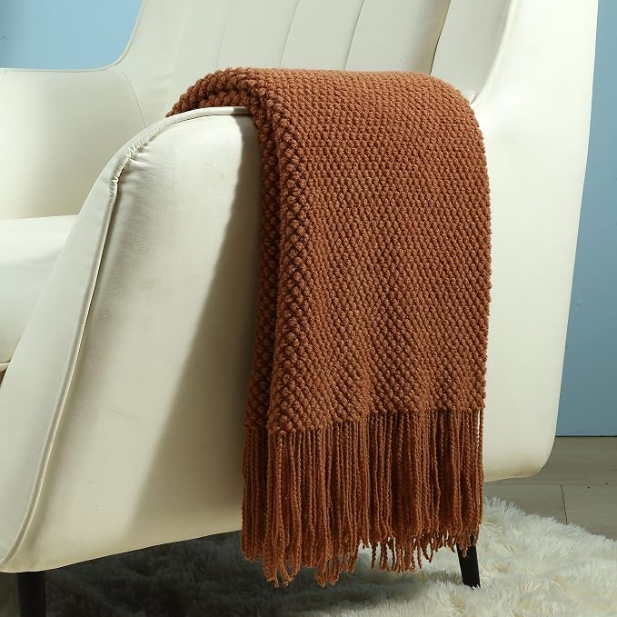 CREVENT Rustic Farmhouse Knit Throw Blanket for Couch Sofa Chair Bed Home Decoration, Soft Warm Cozy Light Weight for Spring Summer Fall (50''X60'' Caramel)
