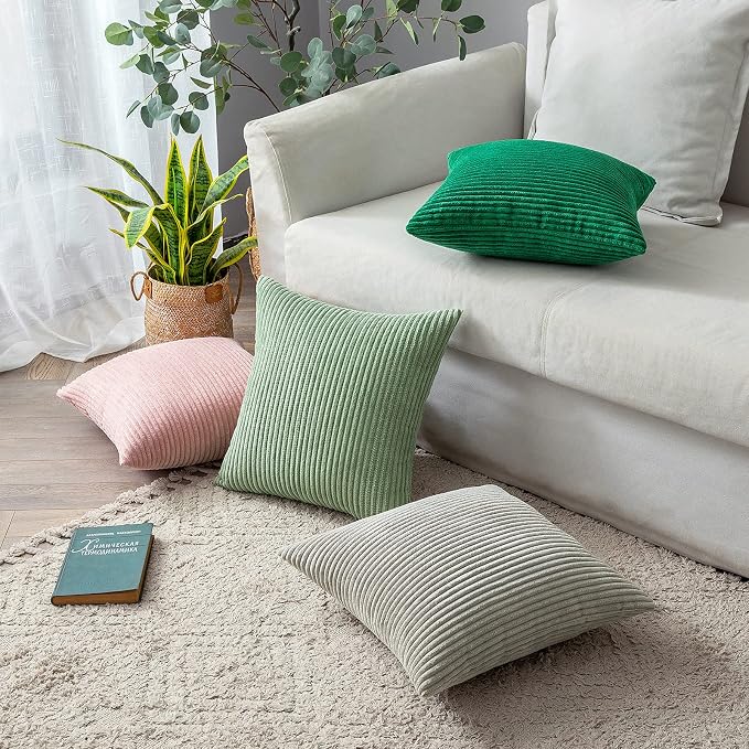 MIULEE Lumbar Corduroy Throw Pillow Covers Set of 2 12x20 Sage Green | Decorative Soft Striped Textured Cushion Cases, Boho Pillowcases for Home Decor, for Couch Chair Sofa Bed Living Room