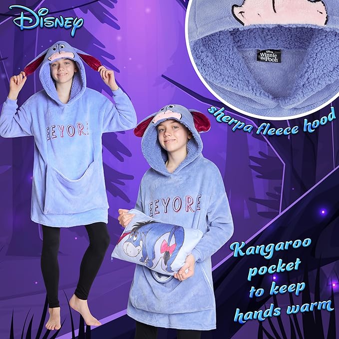 Disney Blanket Hoodie for Kids, 2-in-1 Folds into Travel Cushion, Stitch Baby Yoda Maleficent Eeyore, Gifts for Girls Boys