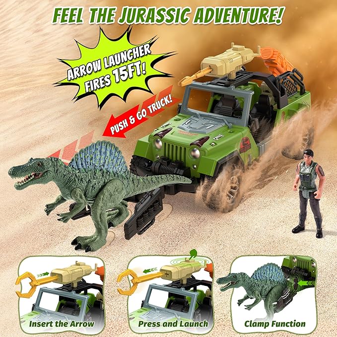EKU Dinosaur Park Truck with 10 Sounds, Capture Net, Clamp, Launcher, Chomping Spinosaurus Figure, Human, Push and Go Adventure Vehicle for Jurassic World Toys Pretend Play Gifts for Kids 3+