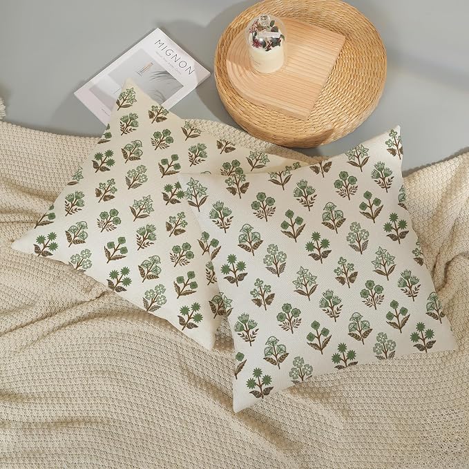 Farmhouse Floral Block Print Pillow Covers 18x18 Set of 2, Vintage Rustic Decorative Throw Pillows Modern Flower Cushion Covers for Sofa Couch Bed Living Room Home Decor, Sage Green Brown