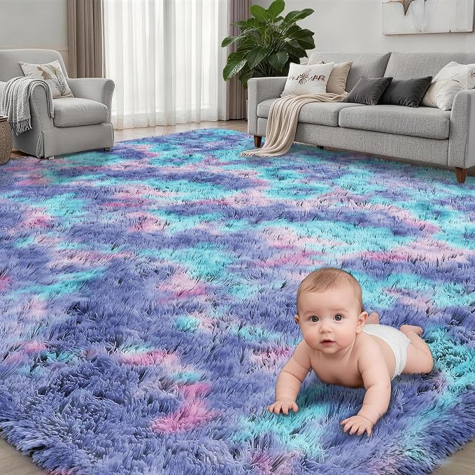 Fluffy 5x7 Area Rugs for Living Room Bedroom: Ultra Soft Shag Rug Non-Slip Non-Shedding Small Plush Bedside Rug Indoor Floor Carpets for Kids Room Playroom Entryway Nursery Dorms Home Rainbow Purple