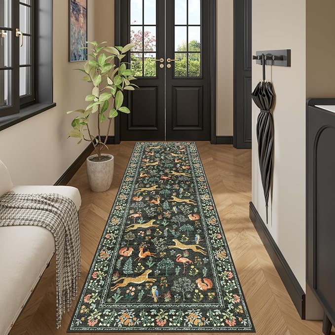 DUKINO 2x10 Kitchen Runner Rug, Soft Non Slip Animal Washable Rug, Black | Low Pile, Non-Shedding Indoor Carpet Runner for Hallway, Entryway, Bedroom, Bathroom, Laundry, Pet Friendly, Stain Resistant