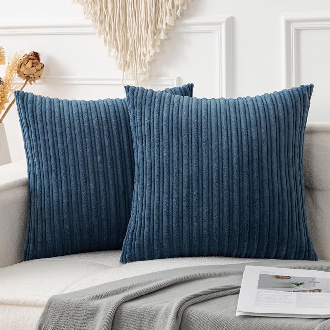 UGASA Velvet 18x18 Inch Soft Throw Pillow Covers Decorative Corduroy Striped Both Sides Solid Square Cushion Cases Boho Farmhouse for Couch Bedroom Sofa Home, Pack of 2, Dusty Blue