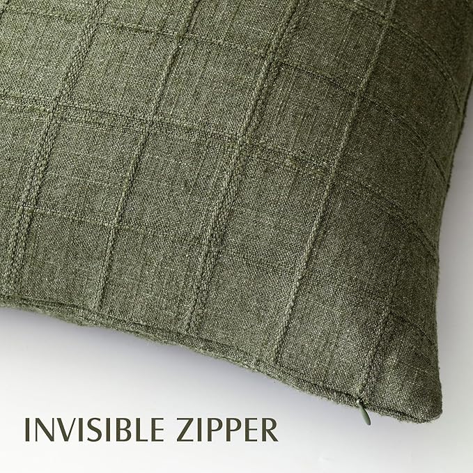 Foindtower Set of 2 Decorative Linen Check Throw Pillow Covers Neutral Farmhouse Vintage Cushion Covers Modern Boho Home Decor for Sofa Chair Couch Bedroom Living Room,22×22 Inch,Olive Green