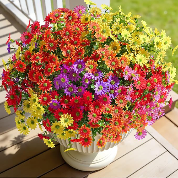 Alupssuc 20 Bundles Artificial Daisies Flowers Fake Silk Plant for Indoor Outdoor Decor, UV Resistant No Fade Faux Spring Flowers for Garden, Porch & Patio Decoration,RedRosyPurpleYellowOrange