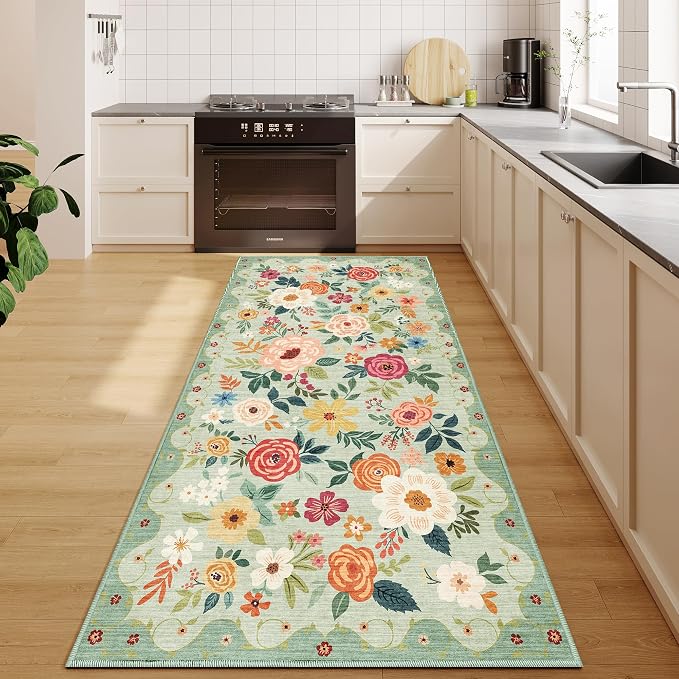 DUKINO 3x6 Runner Rug, Non Slip Floral Washable Rug for Kitchen, Green | Low Pile, Non Shedding, Soft Thin Indoor Rug for Hallway, Bedroom, Bathroom, Entryway, Laundry, Pet Friendly, Home Decor