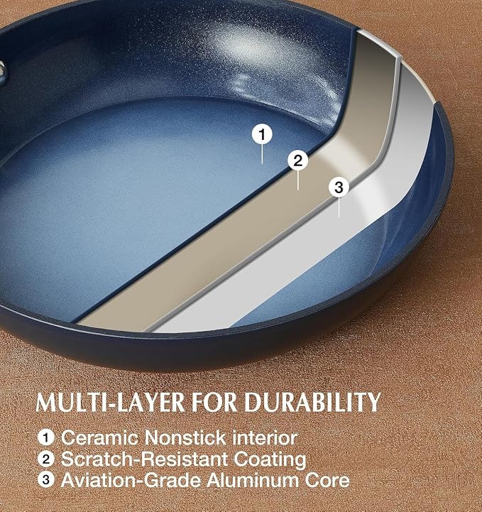 KOCH SYSTEME CS 14 Inch Large Frying Pan with Lid, Nonstick Skillet with Ceramic Interior, Large Fry Pan for Family & Commercial Cooking, Frying Pan Nonstick, Oven Safe & Induction Compatible, Blue