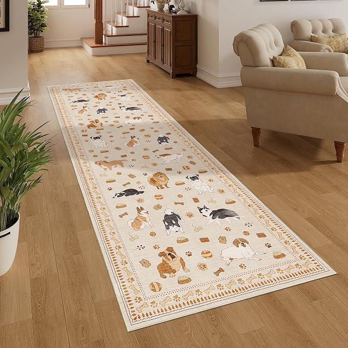 DUKINO 2.6x8 Kitchen Runner Rug, Washable Non Slip Dog Rug, Beige Yellow | Soft, Stain Resistant, Low Pile, Non-Shedding Animal Carpet Runner for Hallway Entryway Bathroom Laundry, Kid & Pet Friendly