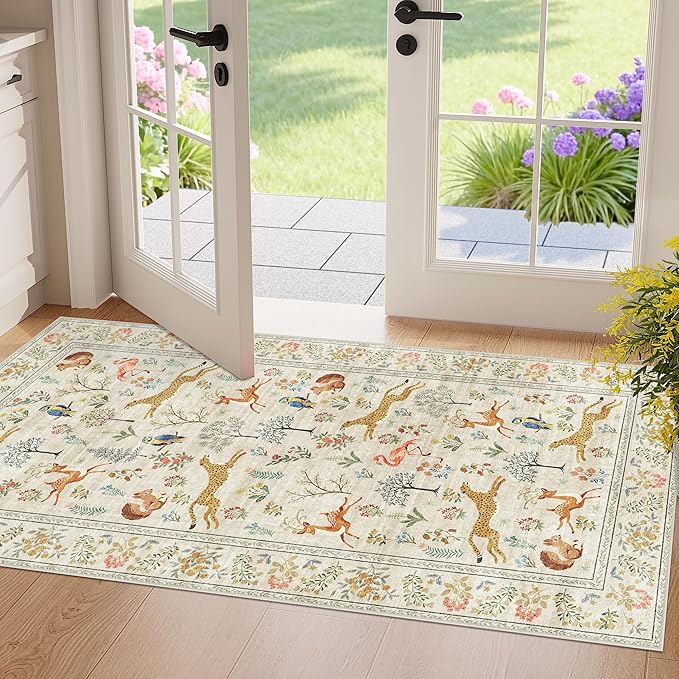 DUKINO 2x4 Rug for Entryway, Animal Washable Runner Rug for Kitchen, Beige | Non Slip, Low Pile, Stain Resistant Thin Indoor Carpet for Hallway, Bedroom, Bathroom, Laundry, Pet Friendly, Non-Shedding