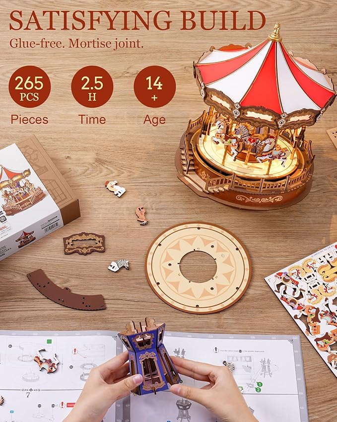 Rowood 3D Puzzles for Adults,Wooden Carousel Music Box for Adults,DIY Christmas Collectible Building Model Kit - Classic Carousel