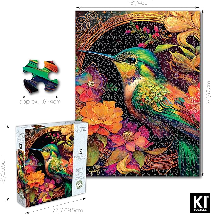 550 Piece Puzzle for Adults – Hard, Difficult, Challenging Jigsaw – RomantzArt Small and Mighty III – Whimsical Hummingbird – 24x18 Inches