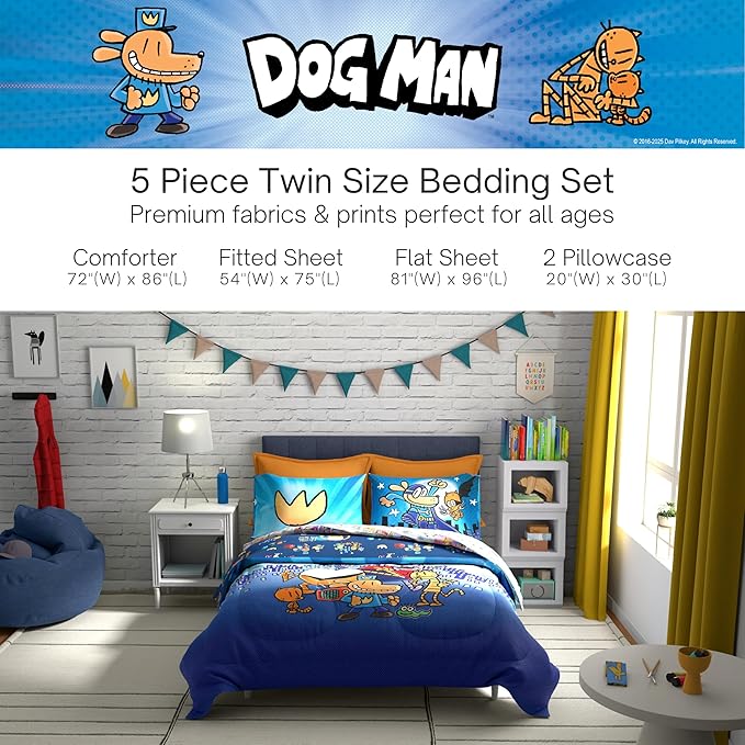 Dog Man Supa Buddies Kids Bedding Set, Full Size, 5-Piece Super Soft Cozy Reversible Comforter & Sheet Set (Officially Licensed Product) by Franco | Durable, Reversible, Officially Licensed