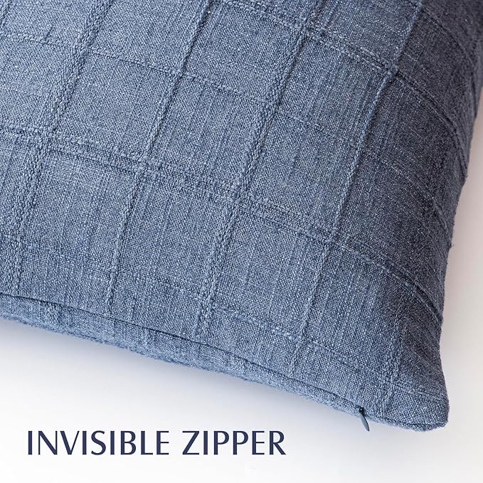Foindtower Set of 2 Decorative Linen Check Throw Pillow Covers Neutral Farmhouse Vintage Cushion Covers Modern Coastal Boho Home Decor for Sofa Chair Couch Bedroom Living Room,24×24 Inch,Blue