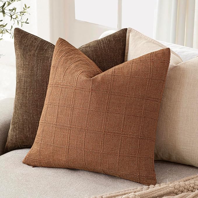 Foindtower Set of 2 Decorative Linen Check Throw Pillow Covers Neutral Farmhouse Vintage Cushion Covers Modern Boho Home Decor for Sofa Chair Couch Bedroom Living Room,24×24 Inch,Orange