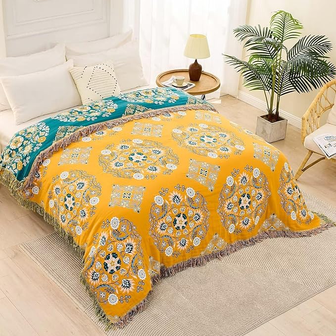 XIBLC Boho Throw Blanket, 100% Cotton Ultra Soft Luxury Throw Rustic Quilt, Floral Printed Farmhouse Decor Bed Summer Blankets, All Season Rustic Reversible Bohemian Throw for Bed (80"x90" Yellow
