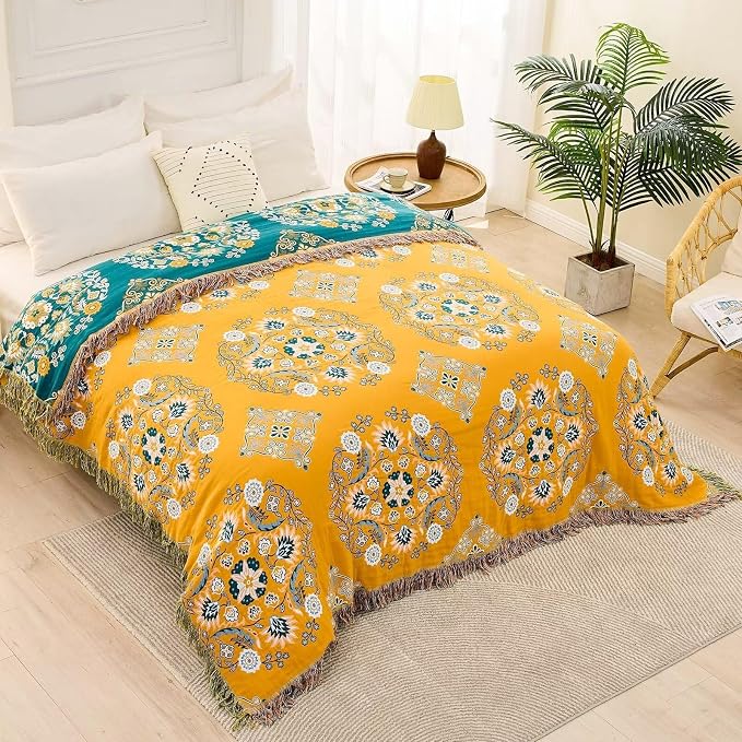 XIBLC Boho Throw Blanket, 100% Cotton Ultra Soft Luxury Throw Rustic Quilt, Floral Printed Farmhouse Decor Bed Summer Blankets, All Season Rustic Reversible Bohemian Throw for Bed (90"x98" Yellow