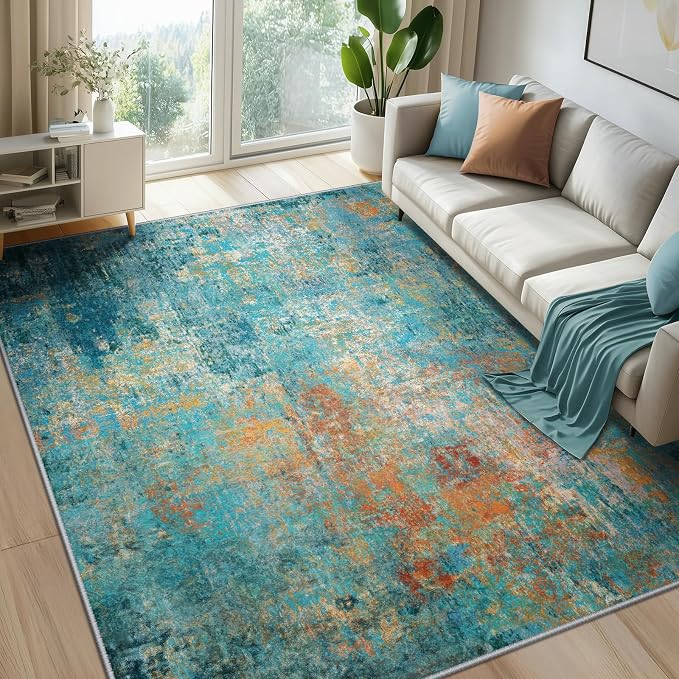 RELEANY Washable 7'x9' Abstract Area Rug for Living Room Teal Multi | carpet for bedroom, kitchen, office, hallway and entryway, printed pattern, non-slip, soft, stain-resistant, easy to clean