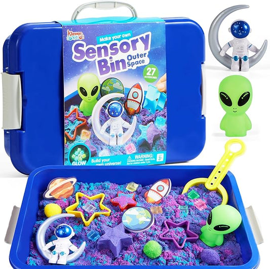JOVA Klever Kits Outer Space Sensory Bin for Toddlers with Glow in The Dark Alien and Rocks, Sandbox with Lid Dual-Color Sand, Preschool Learning Activities Gifts for Boys Girls Age 3+