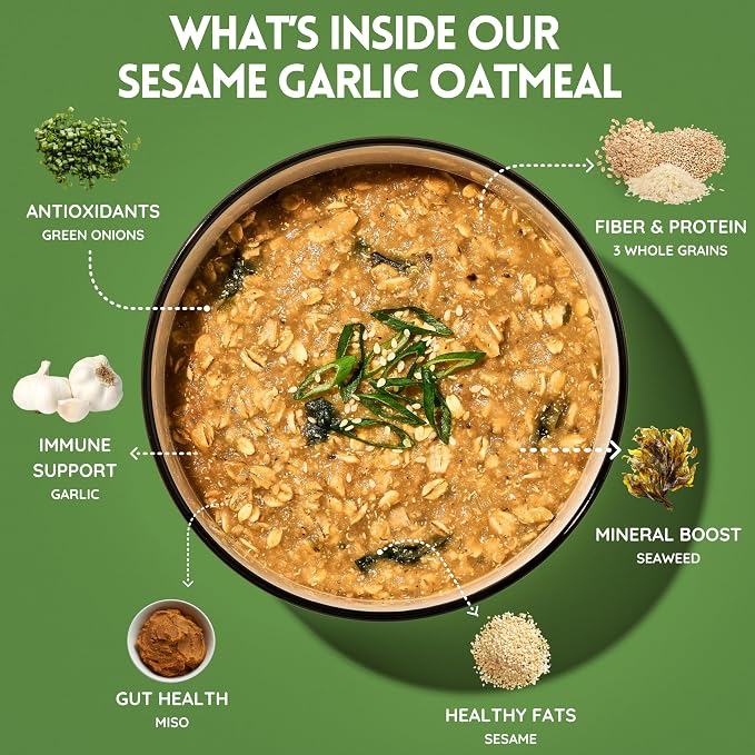 Gamsa Savory Instant Oatmeal - Sesame Garlic, Premium Instant Korean-Inspired Hot Cereal with Sesame & Garlic, Nourishing & Satisfying Breakfast, Meal or Snack, Low Sugar, 5-Pack