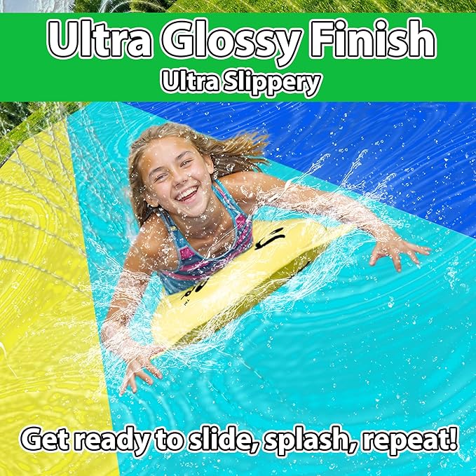 JAMBO XL 20Ft Premium 3 Lane Slip Splash and Slide with 3 Bodyboards, Heavy Duty Water Slide- Advanced 3-Way Water Sprinkler System, Backyard Waterslide Outdoor Water Toys n Slides for Kids