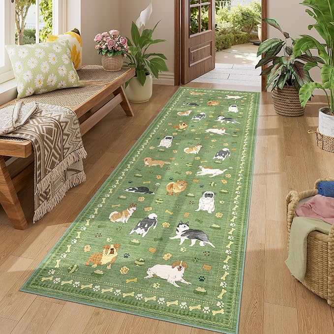 DUKINO 2x6 Kitchen Runner Rug, Washable Soft Non Slip Dog Rug, Green | Stain Resistant, Low Pile Non-Shedding Animal Carpet Runner for Hallway Laundry Entryway Bathroom Bedroom, Kid & Pet Friendly