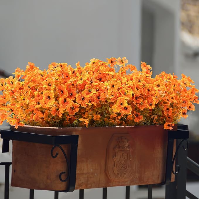 ColoPlay 18 Bundles Artificial Mums for Outdoors, Fake Flowers Fall Decor | Faux Mums for Outdoor Planters, Eucalyptus Leaves UV Resistant Fake Plants for Home Porch Box Wedding Farmhouse(Fall Orange)
