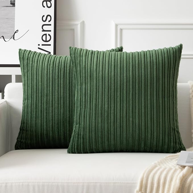 UGASA Velvet 18x18 Inch Soft Throw Pillow Cover Decorative Corduroy Striped Both Sides Solid Square Cushion Case Boho Farmhouse for Couch Bedroom Sofa Home, 1 Piece, Moss Green