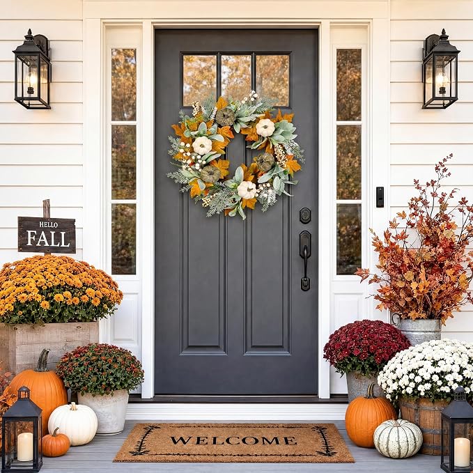 20" Fall Wreath Front Door Pumpkin Lambs Ear Maple Leaf Artificial Wall Decor Farmhouse Autumn Wreath Thanksgiving Home Porch Outdoor Indoor Holiday Harvest Decor