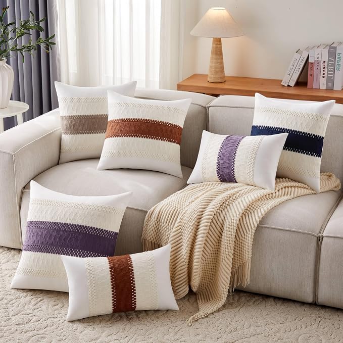 2pk Boho Pillow Covers 20x20, Natural White/Contrast/Terracota | 100% Organic Cotton Body, Stripe Embroidery, Farmhouse Decorative Cushion Covers for Sofa Bed Living Room Home Decor