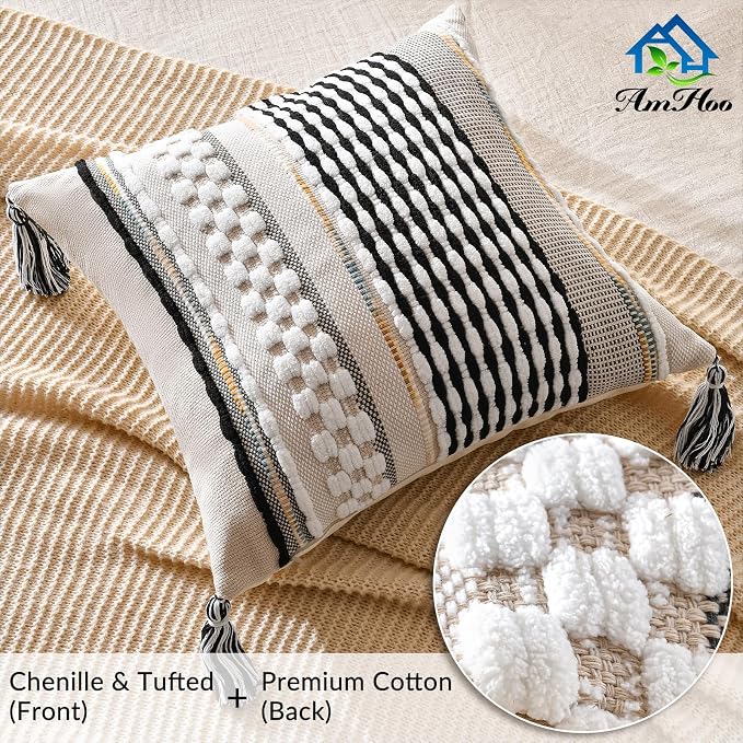 Set of 2 Chenille Striped Textured Boho Throw Pillow Covers Aesthetic with Tassels Woven Decorative Pillow Case for Couch Bed Sofa Bedroom Modern Funky 18 x 18-Inch Black