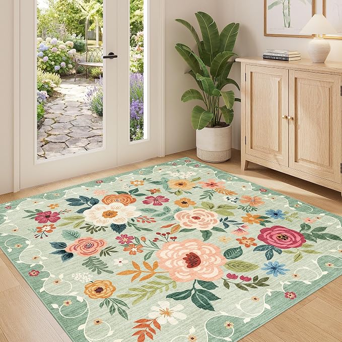 DUKINO 4x4 Square Area Rug, Soft Floral Washable Rug for Entryway, Green | Non Slip, Low Pile, Stain Resistant Indoor Rug for Kitchen, Bedroom, Living Room, Nursery, Pet Friendly, Modern Home Decor