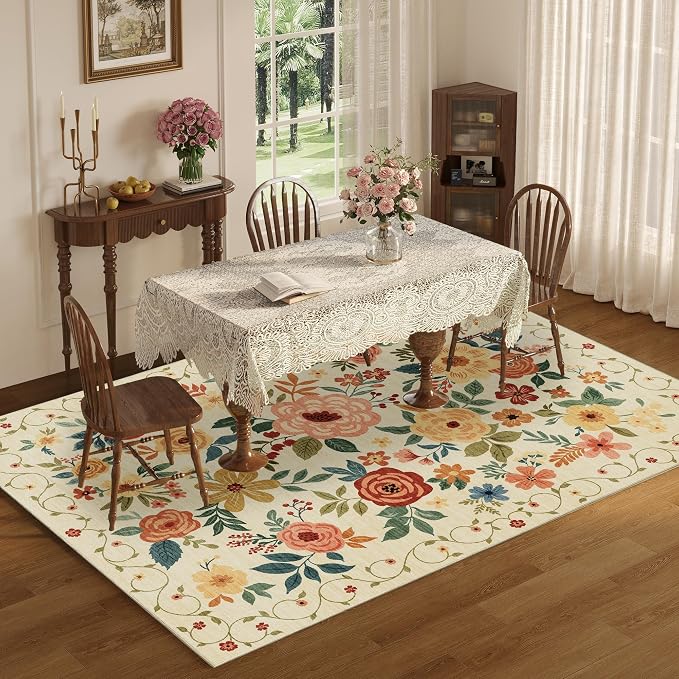 DUKINO 6x9 Area Rugs, Floral Washable Rug for Bedroom Non Slip Beige Yellow | Soft, Low Pile, Large Indoor Rug for Living Room, Dining Room, Kids Room, Office, Pet Friendly, Home Decor, Stain Resistant