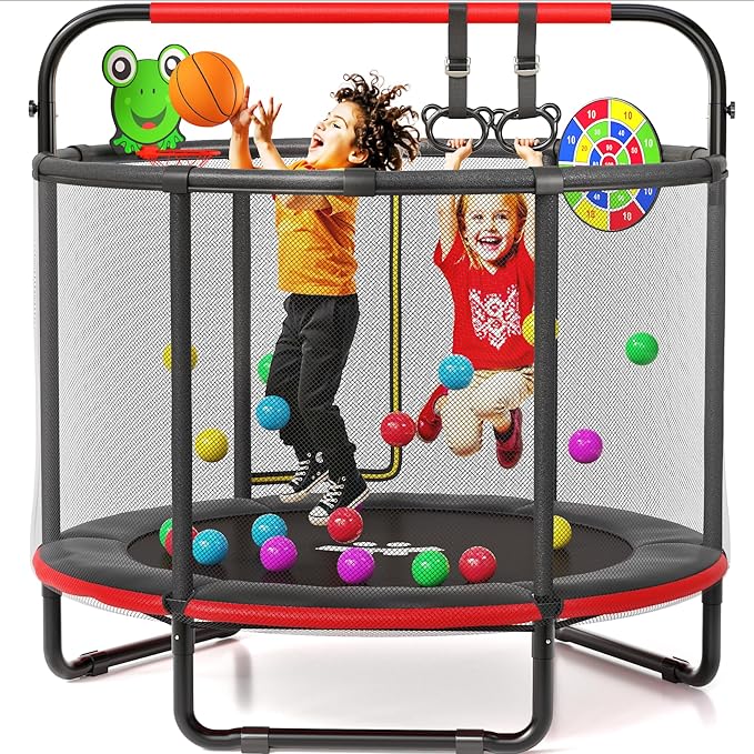 Happin® 55â€ Toddler Trampoline Indoor & Outdoor Playset, 5FT Kids Trampoline, Ultra Safe Mini Trampoline for Kids with Safety Enclosure Net, Gifts for Birthday with Basketball Hoop