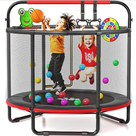 Happin® 55â€ Toddler Trampoline Indoor & Outdoor Playset, 5FT Kids Trampoline, Ultra Safe Mini Trampoline for Kids with Safety Enclosure Net, Gifts for Birthday with Basketball Hoop